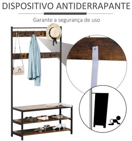 Cabide com 12 ganchos Banco estilo industrial com 3 prateleiras Estrutura metálica 100x40x184 cm Castanho Rústico e Preto