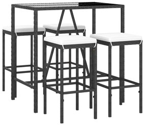 5 pcs conjunto de bar p/ jardim c/ almofadões vime PE preto