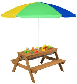 Mesa de piquenique infantil 3 em 1 com guarda-sol removível e ajustável de altura de 117 a 187 cm Mesa de madeira para pátio de jardim Multicolorido