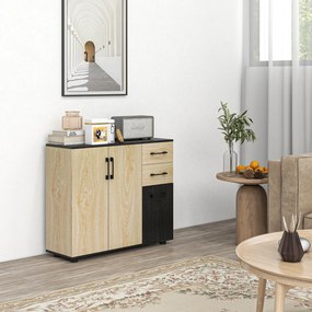 Aparador Estreito de Sala com 2 Portas, 2 Gavetas e Prateleira Ajustável 90x30x75,5 cm Natural e Preto