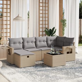 7 pcs conj. sofás jardim c/ almofadões vime PE bege misturado