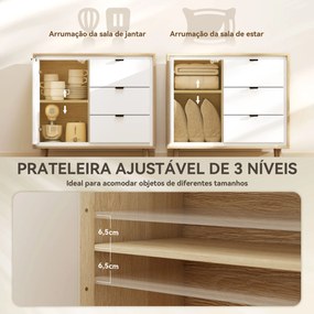 Aparador de Sala Moderno com 3 Gavetas Prateleira Ajustável e Pés em Madeira 80x35x77 cm Branco Brilhante e Carvalho