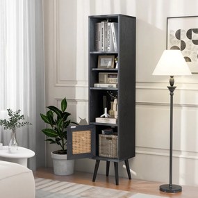 Estante em rattan estreito 29,5 x 29,5 x 137 cm com porta e prateleira ajustável para sala de estar Preto
