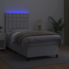 Cama box spring c/ colchão/LED 80x200cm couro artificial branco