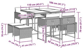 9 pcs conjunto de jantar p/ jardim c/ almofadões vime PE cinza