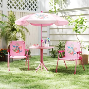 Conjunto de piquenique para crianças 3-6 anos Mesa de atividades ao ar livre com 2 cadeiras dobráveis e guarda-sol ajustável em altura Rosa