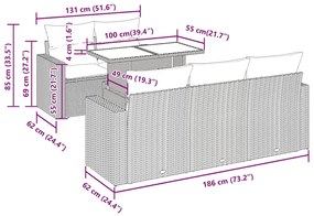 6 pcs conjunto de sofás jardim c/ almofadões vime PE castanho