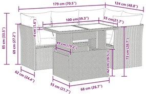 5 pcs conjunto sofás de jardim c/ almofadões acácia e vime PE