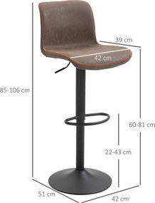 Conjunto de 2 bancos de bar vintage, ajustáveis e giratórios, com apoio para os pés em PU castanho e costura laranja