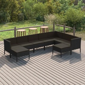 vidaXL 9 pcs conjunto lounge de jardim c/ almofadões vime PE preto
