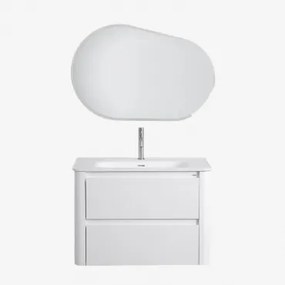 Conjunto De Móveis De Banheiro Em Madeira Com Pia Integrada E Espelho Egerton Branco & Ovalado Led (100x65 Cm) Meunier & Cromado ↑20 Cm - Sklum