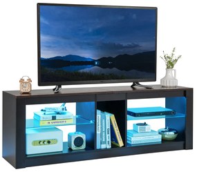 Móvel de TV com luz LED 140 x 35 x 47 cm para TVs até 65'' com Estantes de vidro temperado ajustáveis Castanho e Preto