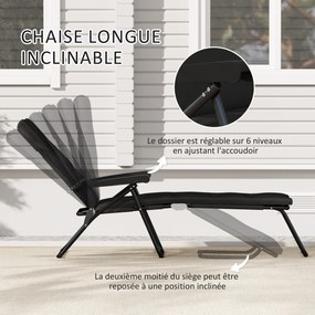Espreguiçadeira dobrável com 6 posições de inclinação, com colchão + apoios de braços em aço e poliéster, 153 x 58,5 x 89 cm, preta