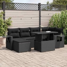 7 pcs conjunto de sofás p/ jardim c/ almofadões vime PE preto