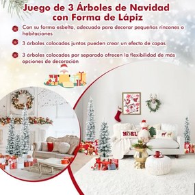Conjunto de 3 árvores de Natal artificiais com neve e barris de metal cheios de cimento