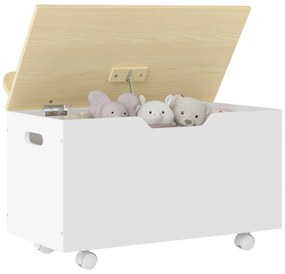 Baú de Brinquedos com Rodas com Tampa Abatível e Dobradiça de Segurança Desenho de Nuvem  59x30x53 cm Branco e Madeira
