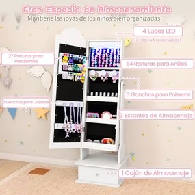Armário infantil para joias com espelho de corpo inteiro 34 x 30 x 113 cm e 2 ângulos ajustáveis, 4 luzes internas para meninas branco