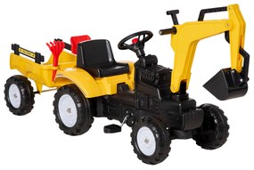 HOMCOM Tractor a Pedal para Crianças de 3-6 Anos Carro Andador Escavadora com Pá Frontal e Roboque Amovível Carga Máxima 35kg 163x42x71cm Amarelo