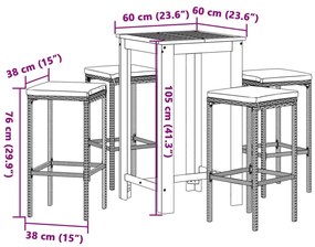 5 pcs conjunto de bar p/ jardim acácia maciça/vime PE cinzento
