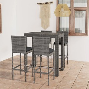 vidaXL 5 pcs conjunto de bar p/ exterior + almofadões vime PE cinzento
