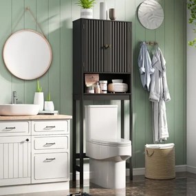 Armário casa banho sobre sanita 60 x 23 x 168 cm com portas caneladas, prateleira ajustável e economizador de espaço Preto