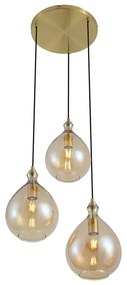Candeeiro suspenso moderno dourado com vidro âmbar 3-luzes - Traditional Moderno