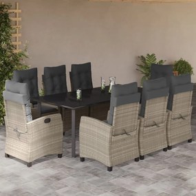 vidaXL 9 pcs conjunto de jantar p/ jardim c/ almofadões cinzento claro