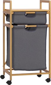 HOMCOM Cesto Roupa Bambu 2 Bolsas Tecido Amovíveis Prateleira Aberta 4 Rodas 42x35x84,5cm Cinza Madeira | Aosom Portugal