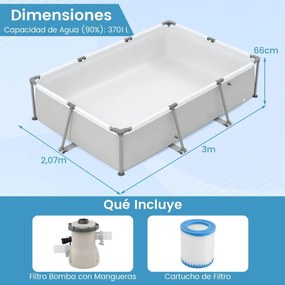 Piscina 300 cm x 207 cm x 66 cm Retangular com Bomba de Filtro Cartucho e Estrutura para Crianças e Adultos Cinza
