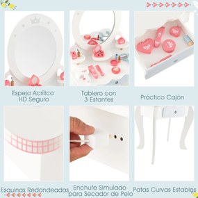 Conjunto de Toucador Infantil de Madeira 2 em 1 com Banco e Espelho Destacável com Gaveta Mesa de Maquilhagem para Raparigas com Cadeira Branco