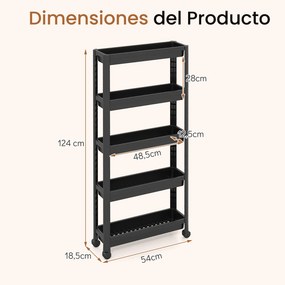Carrinho de 5 prateleiras, estreito, com rodas suaves 54 x 18,5 x 124 cm em PP Organizador multifuncional para casa de banho, cozinha e lavandaria Pre