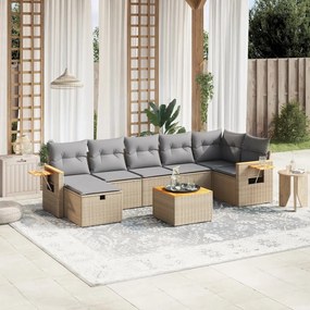 8 pcs conj. sofás jardim c/ almofadões vime PE bege misturado