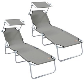 Espreguiçadeiras dobráveis 2 pcs com toldo em tecido Oxford cinza 600D