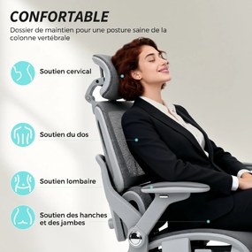 Cadeira de escritório ergonómica com braços 4D, apoio para a cabeça e profundidade do assento ajustáveis, em malha cinzenta