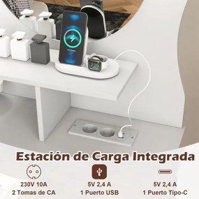 Toucador com espelho e luzes 80 x 50 x 150 cm em forma de gatinho com 3 modos de iluminação e brilho ajustável e 2 gavetas Branca