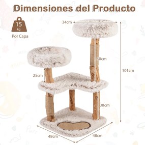 Arranhador para gatos de madeira 48 x 48 x 101 cm com interior boho luxuoso, 2 poleiros almofadados, postes para arranhar, tapete removível natural e