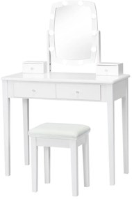 Conjunto de Toucador com Espelho Iluminado Giratório 360°, Mesa de Maquilhagem e Banco Acolchoado para Quarto Branco