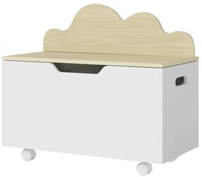 Baú de Brinquedos com Rodas com Tampa Abatível e Dobradiça de Segurança Desenho de Nuvem  59x30x53 cm Branco e Madeira