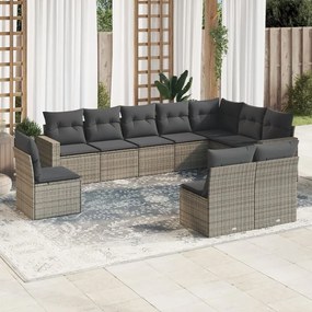 10 pcs conjunto sofás de jardim c/ almofadões vime PE cinzento