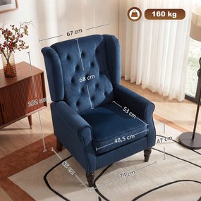 Poltrona de sala estofada com assento largo, pés de madeira, estilo clássico, grande conforto, 74x86x102 cm, azul escuro
