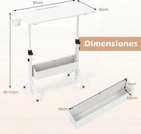 Secretária Móvel, 80 x 40 x 70-117 cm, Regulável em Altura, Branco