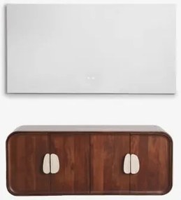 Conjunto De Móvel De Casa De Banho Dupla Suspensa 130x45 Cm Em Madeira De Manga E Pedra Natural Kivalina Travertino - Madeira De Mangueira Escura -