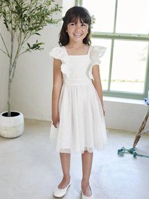 Agora -15% | Vestido de cerimónia com folhos, em gaze de algodão e tule, para menina cru