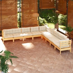 vidaXL 9 pcs conjunto lounge jardim c/ almofadões creme pinho maciço
