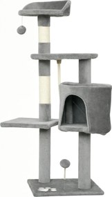 Arranhador para gatos com vários acessórios: arranhadores, plataformas, compartimentos abertos, corda e brinquedos – 40 x 40 x 114 cm – cinzenta