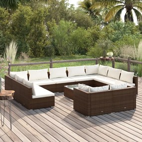 vidaXL 12 pcs conjunto lounge jardim c/ almofadões vime PE castanho