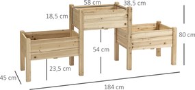 Floreira com pés quadrada para horta, de 2 andares, com dimensões de 184 x 45 x 80 cm; com canais de irrigação; em madeira de abeto pré-oleada