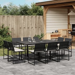 11 pcs conjunto de jantar p/ jardim c/ almofadões vime PE preto