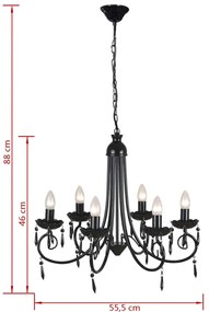 Candelabro pendente de cristal preto para 6 bulbos