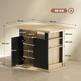 Mesa de jantar em ilha central de cozinha com ampla bancada para 4-6 pessoas, armário de 4 portas, 110 x 70 x 75,5 cm, preto e natural